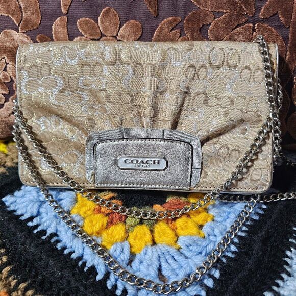 Vintage Coach Y2K Lurex Signature Optic Art Clutch Bag Purse in Metallic Gold - Picture 1 of 11